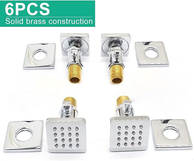 Brass Shower Body Jets with Adjustable Flow, Massage Spa Polished Chrome Square Body Spray Shower Side Wall Sprayer Head Jets, 4 pcs, Water Saving