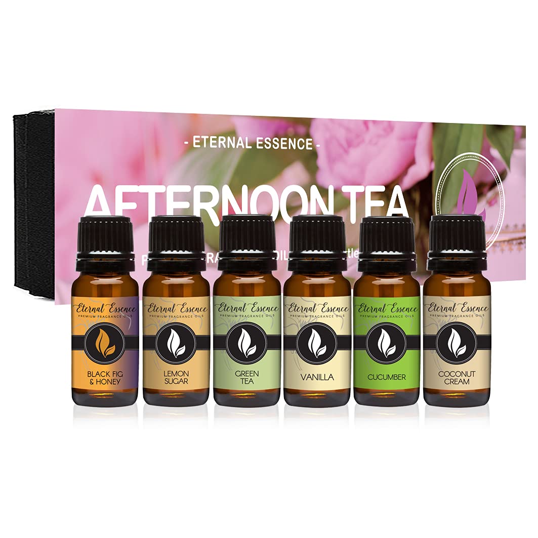 Eternal Essence Oils Afternoon Tea Set of 6 Premium Fragrance Oils - Includes Green Tea, Black Fig & Honey, Cucumber, Lemon Sugar, Vanilla and Coconut Cream Scented Oils - 10ML