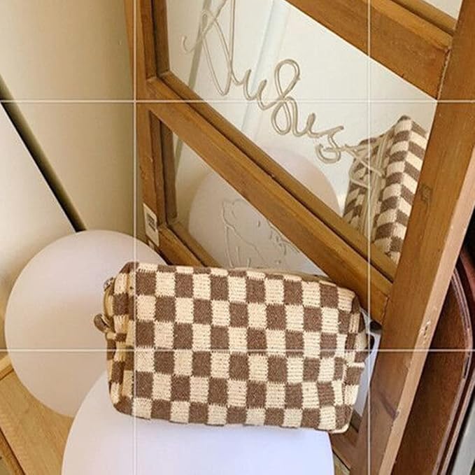 SxoSyo 2 Pcs Cosmetic Bags, Checkered Brown