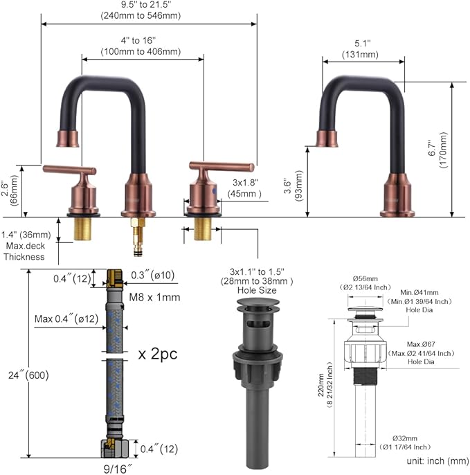WOWOW 8 inch Bathroom Faucet 3 Hole, Widespread Bathroom Sink Faucet with Pop Up Drain Assembly and cUPC Supply Lines, Matte Black and Rose Gold Vanity Faucet 2 Handle Basin Faucet Mixer Taps