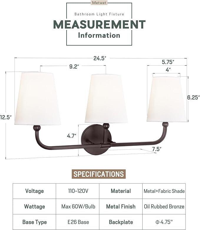Bathroom Light Fixtures, 3-Light Oil Rubbed Bronze Vanity Lights with Flared White Fabric Shade, Vintage Sconces Wall Lighting for Hallway Bedroom, VL837-ORB-3