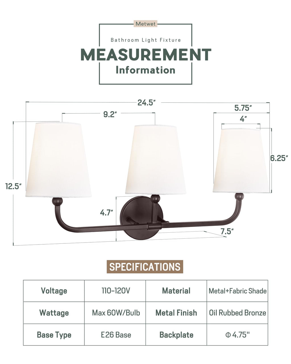 METWET 3-Light Oil Rubbed Bronze Bathroom Vanity Light, White Fabric