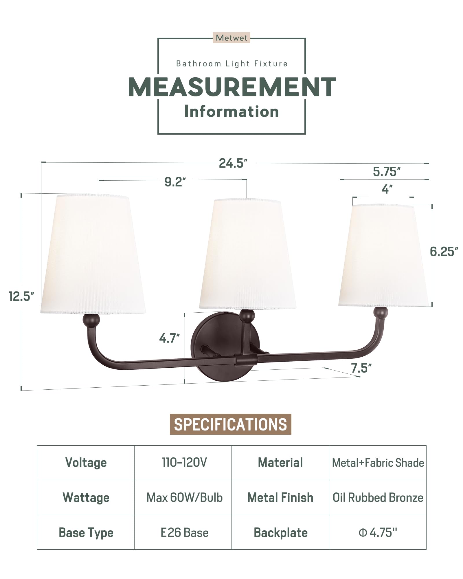 METWET 3-Light Oil Rubbed Bronze Bathroom Vanity Light, White Fabric