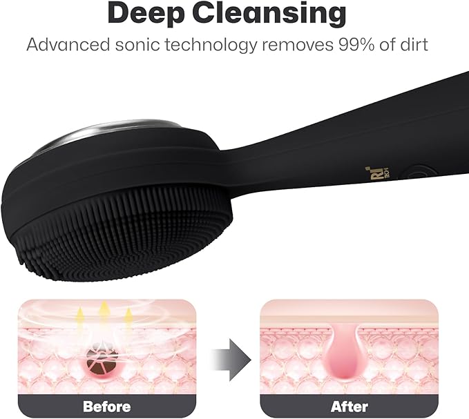 PRITECH Facial Cleansing Brush with Vibrating, Rechargeable Silicone Face Scrubber for Deep Pore Cleaning, Exfoliator & Waterproof Face Brush with Heat End for for Women and Men (Black)