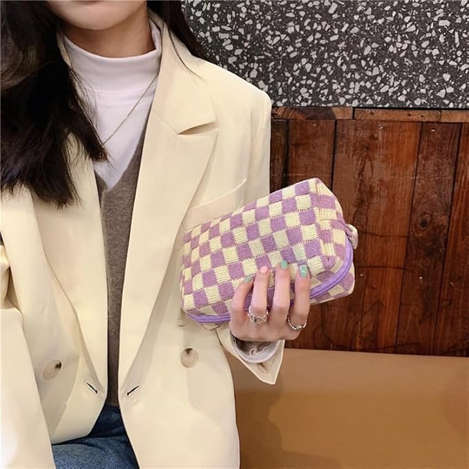 PAZIMIIK Checkered Makeup Bag for Purse Portable Zipper Make Up Pouch Small Cosmetic Case for Travel Accessories (2PCS Purple)