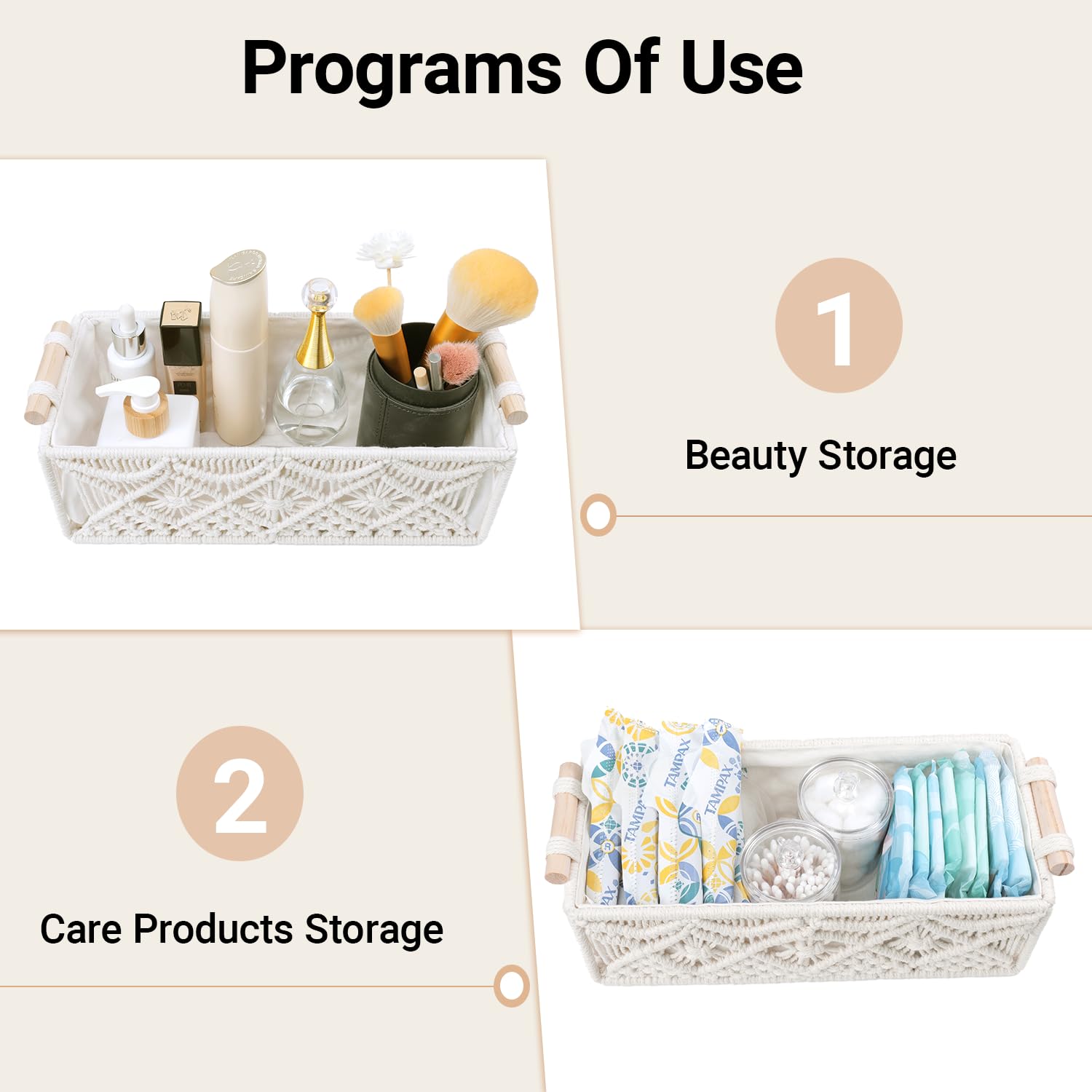 Nonam 2pc Macrame Storage Baskets, Boho Woven Boxes for Home, Weave White