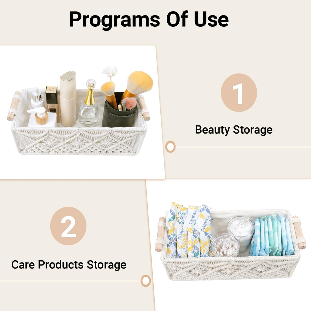 Nonam 2pc Macrame Storage Baskets, Boho Woven Boxes for Home, Weave White