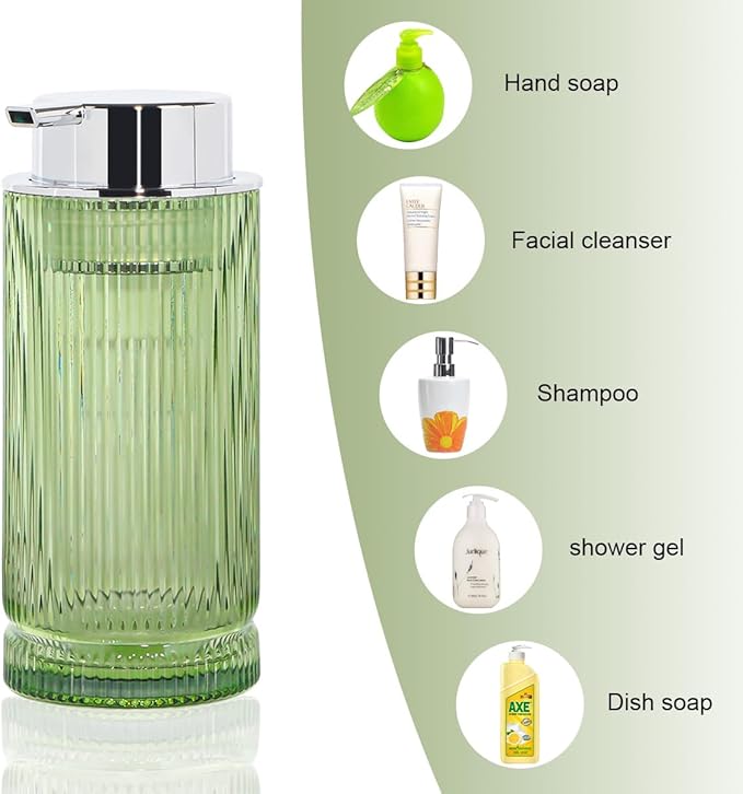 Tonxus 14 Oz Foaming Soap Dispenser, Green Glass Soap Dispenser, Refillable Foam Pump Bottle Lotion Container with Silver Pump, Decorative Slim Ribbed Bottle for Bathroom and Kitchen Decor