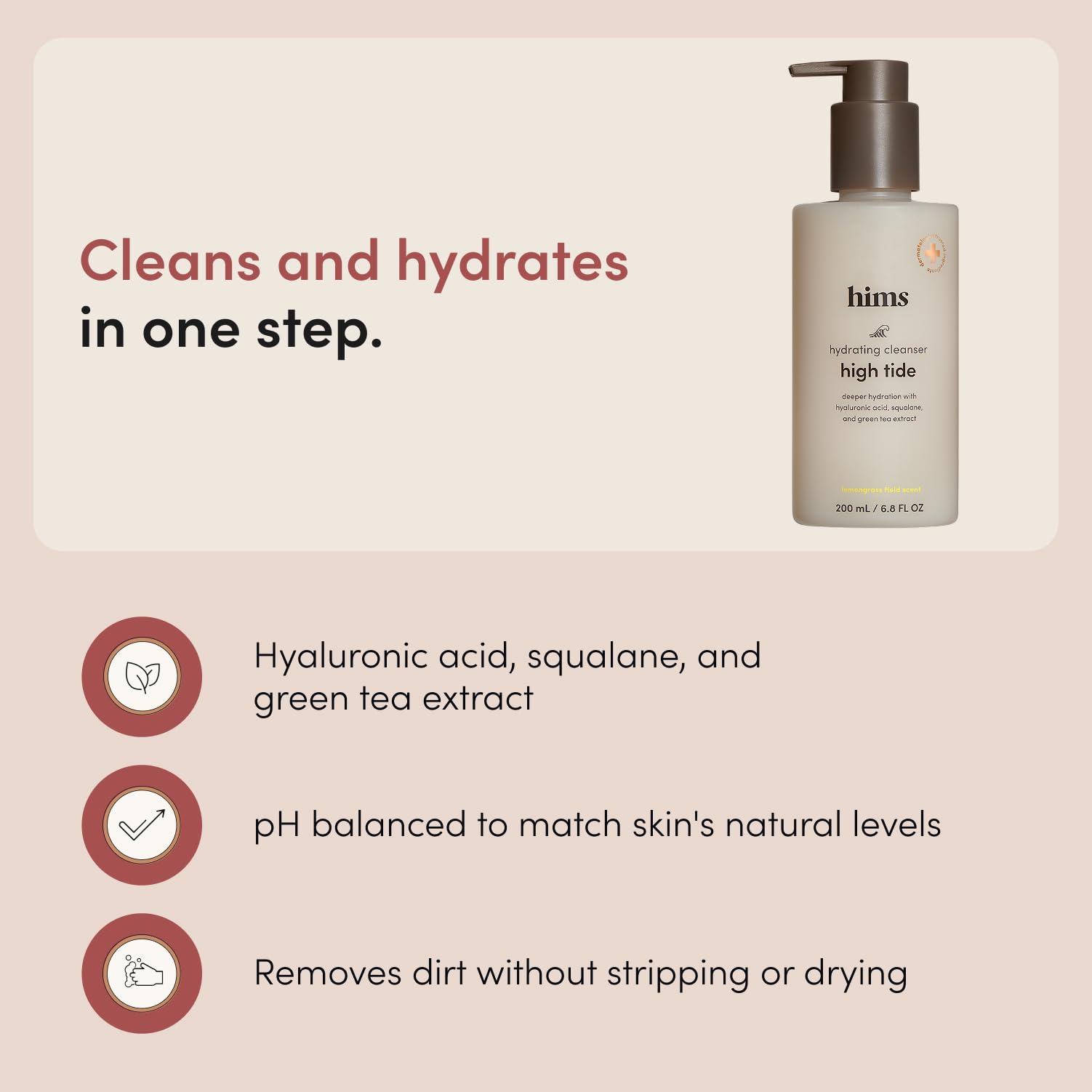 hims High Tide Hydrating Daily Cleanser, Hyaluronic Acid, 6.8 Fl Oz