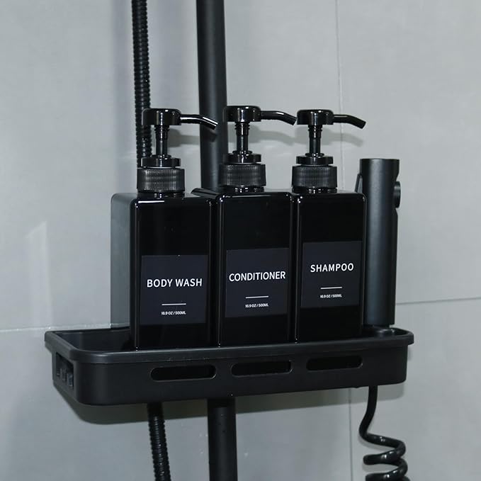 Shampoo and Conditioner Dispenser, Refillable Plastic Shampoo Pump Bottles with Waterproof Labels, Empty Body Wash Dispenser Set for Bathroom, Shower Soap Bottles (Black, Set of 3, 16.9oz)