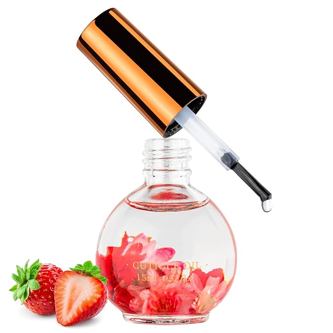 JIASHENG Cuticle Oil, Strawberry Nail Oil Infused with Real Flowers 15ml