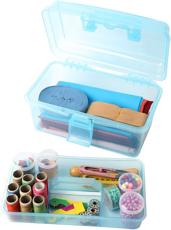 BangQiao Multipurpose Plastic Art and Craft Supply Storage Container Bin Case with Removable Tray and Handle, First Aid Box Organizer, Clear&Blue