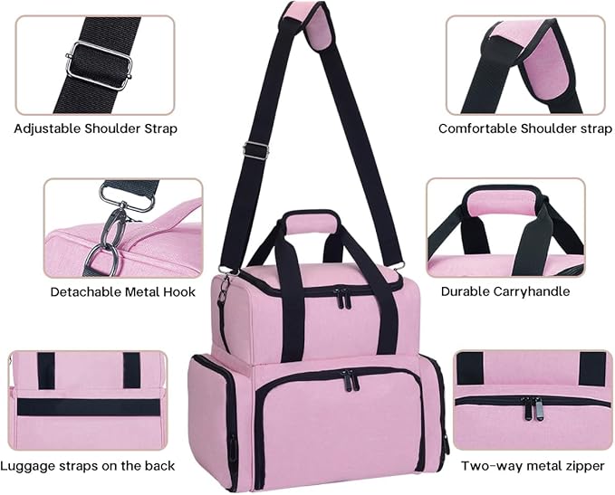 Nail Polish Organizer Case Holds 80 Bottles (15ml - 0.5 fl.oz) and a Nail Lamp,Nail Polish Case with 2 Removable Bags and Tools Storage Sections Pink