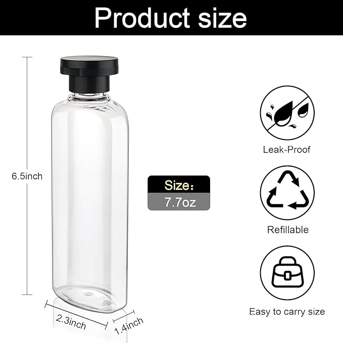Wowang Travel Shampoo Bottles 7.7oz 5 Pack Leak Proof Squeeze Bottles with Flip Cap Refillable Containers for Toiletries