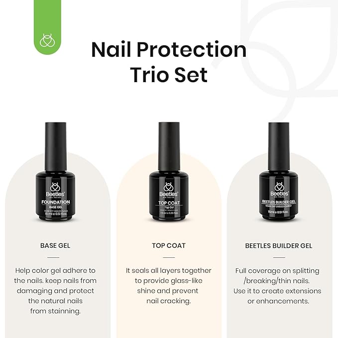 Beetles 3Pcs 15ml Builder Nail Gel with No Wipe Top Coat and Base Coat Kit for Gel Polish Shine Finish & Long Lasting Nail Protection UV/LED Lamp Needed for Women