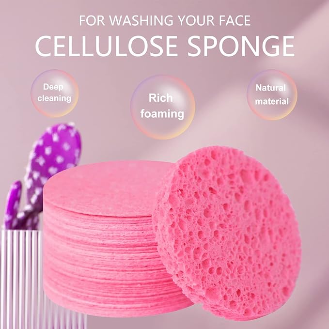100-Count Facial Sponges Compressed Natural Cellulose Sponge Round Shape Face Sponge for Face Cleansing Exfoliating and Makeup Removal, Pink