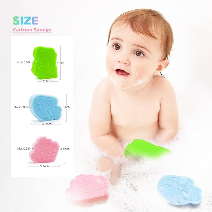 DANCELF Baby Bath Sponge, Natural Cute Shapes Soft Shower Sponges for Bathing, Bathtub Foam for Infants and Toddler, 3pcs: Blue Whale, Pink Ship, Green Dinosaur
