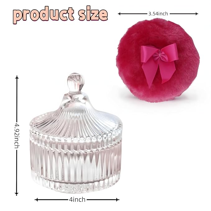 2 Pcs Large Body Powder Puff and Container Powder Container with Puff Powder Puff Crystal Container Soft Washable Reusable Velour Face Body Glitter Powder Puff Wet Dry Makeup (Rose Red)