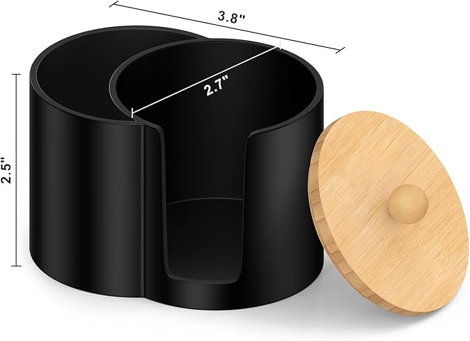 PENGARO Cotton Pad Swab Holder, Q tip Holder Round Makeup Pads Dispenser Small Plastic Swabs Dispenser with Lid, Bathroom Accessories Storage Organizer for Floss Picks, Black