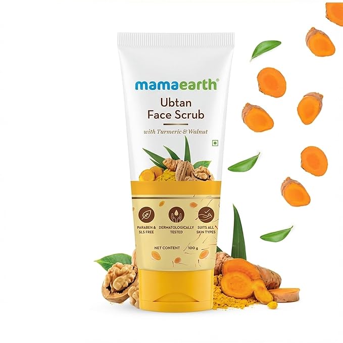 Mamaearth Ubtan Face Scrub with Turmeric & Walnut | De Tan Scrub Helps Remove Sun Tan & Dead Skin | Gently Exfoliates & Hydrates Skin | 3.53 Oz (100g)