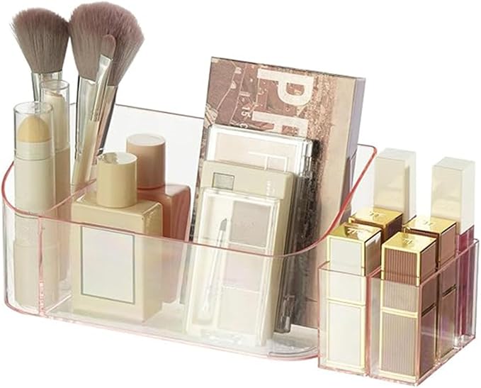 Makeup Tray Holder Organizer Cosmetic Display Case Tabletop Desktop Vanity Countertop Bathroom Wall Cabinet Medicine Storage Box 9 Dividers 2 Removable Women Ladies Girls Gifts Crystal Pink 1 PACK