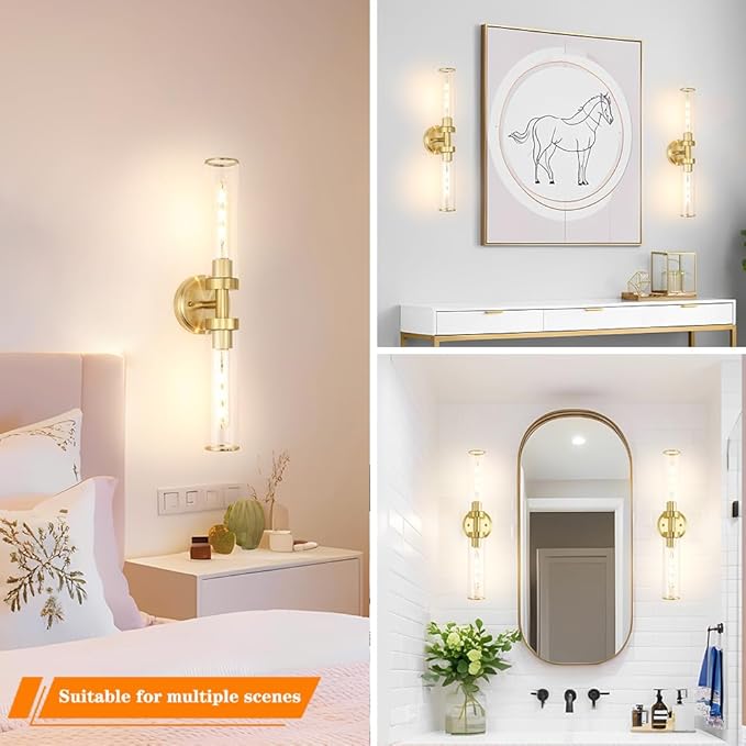 Antique Gold Wall Sconces Set of 2, Modern Bathroom Vanity Lights for Mirror, Hardwired Glass Wall Light Fixtures with E26 Base (Bulbs Required) for Bathroom, Bedroom, Hallway, 22.05 Inch