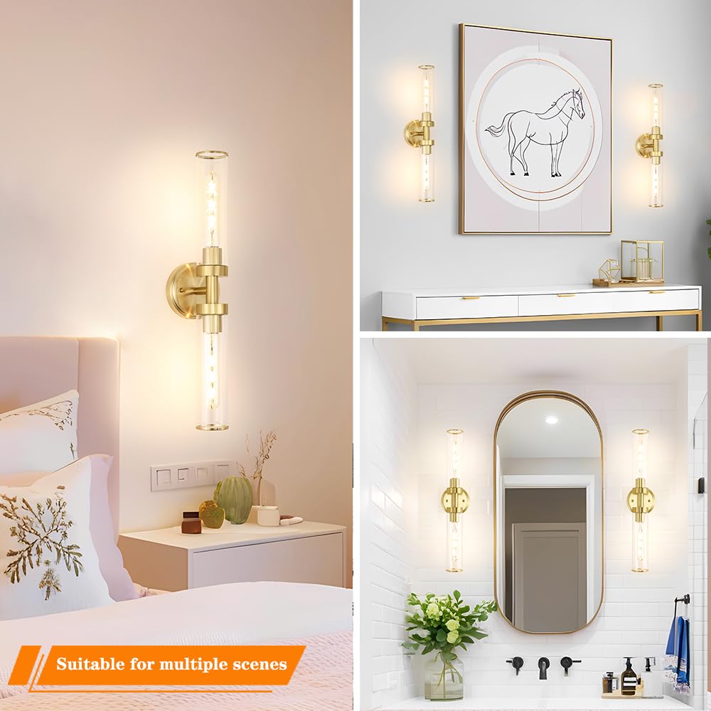 OIYIO Antique Gold Wall Sconces Set of 2, Modern Bathroom Vanity Lights for Mirror, Hardwired Glass Wall Light Fixtures with E26 Base (Bulbs Required) for Bathroom, Bedroom, Hallway, 22.05 Inch