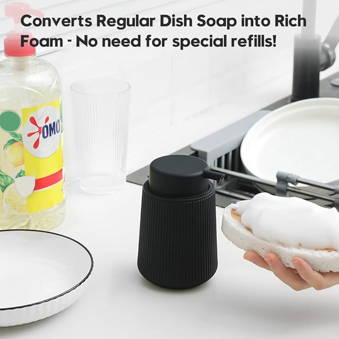 YAUKPH Striped Foaming Hand Soap Dispenser with Leak-Proof Pump for Bathroom and Kitchen Countertop 11oz Black
