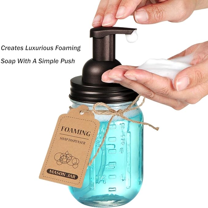 Amolliar Mason Jar Foaming Soap Dispenser Pump Lid, Refillable Plastic Pump, Rustproof Stainless Steel Lid for Regular Mouth Jar, Cute Farmhouse Decor, Hand Soap for Bathroom, Kitchen, Bronze 4 Pack