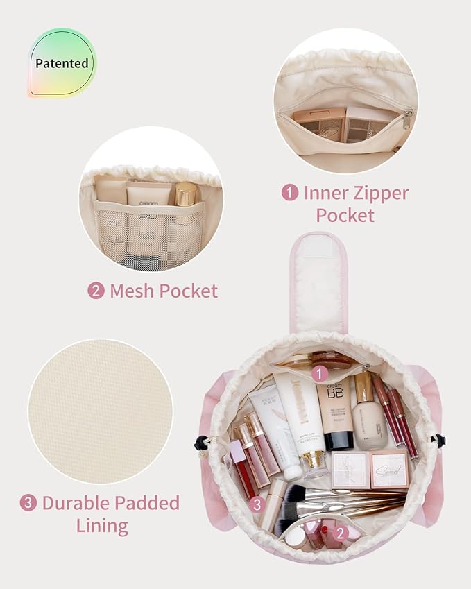 Narwey Lay Flat Open Drawstring Puffer Makeup Bag, Large Quilted Cosmetic Bag for Women Girls, Cute Make up Bags with Handle, Travel Toiletry Bag for Skincare, Brushes & Travel Essentials (Pink)