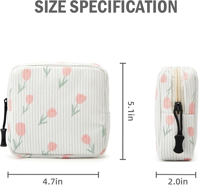 ZOEMTIU Small Makeup Bag for Purse,Mini Cosmetics Bag cute Zipper corduroy Cosmetic Pouch Storage Pouch Travel Toiletry Organizer for Women Girls(Tulip White)