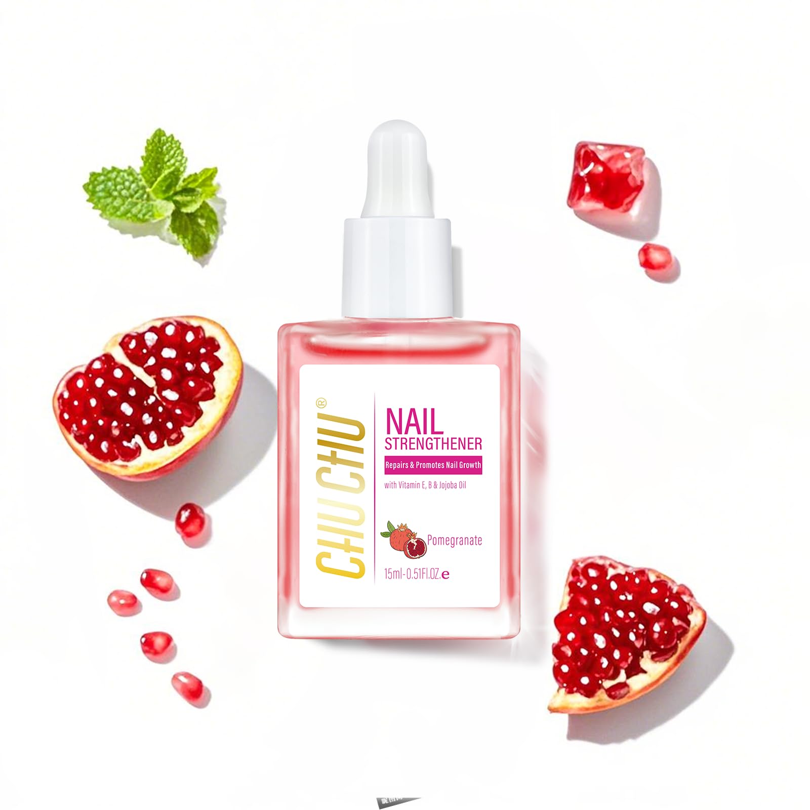 CHUCHU Vegan Cuticle Oil for Nails: Pomegranate Jojoba Nail Cuticle Oil with Vitamin B & E for Moisturizes Cuticle and Nail's Skin - Prevents Hangnails and Chapped 15ML