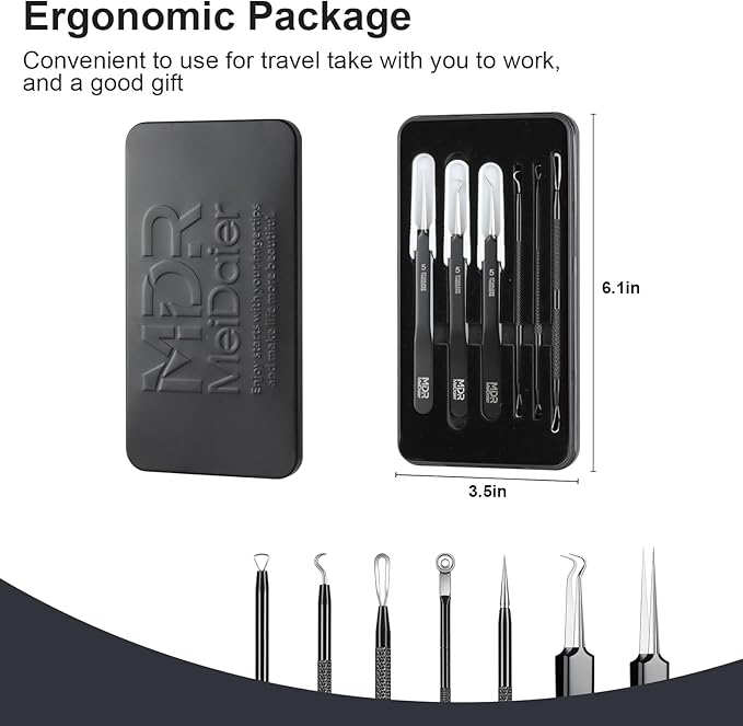 Meidaier 7Pcs Blackhead Remover Kit, Stainless Steel Acne Comedone Extractor with 10X Magnifying Glass & 20 75% Alcohol Pads, Pimple Whitehead Blemish Removal, Anti-Slip Handle & Storage Box