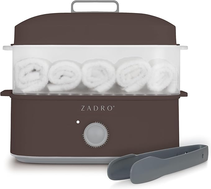 Zadro Towel Steamer with Tongs, 850W Heater, 8L Tray, 1.7L Tank, 30-min Timer for Facials, Manicures, Pedicures, Shaving (13"x12", 120V/850W, 8L, Chocolate)