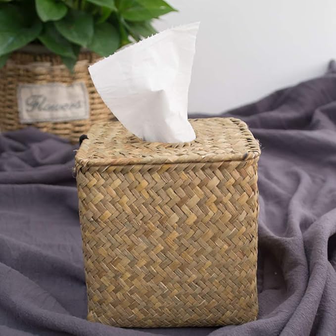 Yesland 2 Pack Square Seagrass Facial Tissue Box - Decorative Woven Paper Holder Napkin Dispense - 5 x 5 x 5 Inches Rattan Tissue Box Cover
