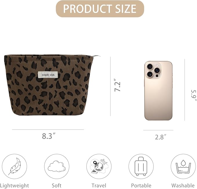 Wudygirl Makeup Bag Travel Cosmetic Bag for Women Small Makeup Pouch with Handle Zipper Cosmetic Pouch Handbag Aesthetic 8.3" x 5.9"(Brown Leopard)
