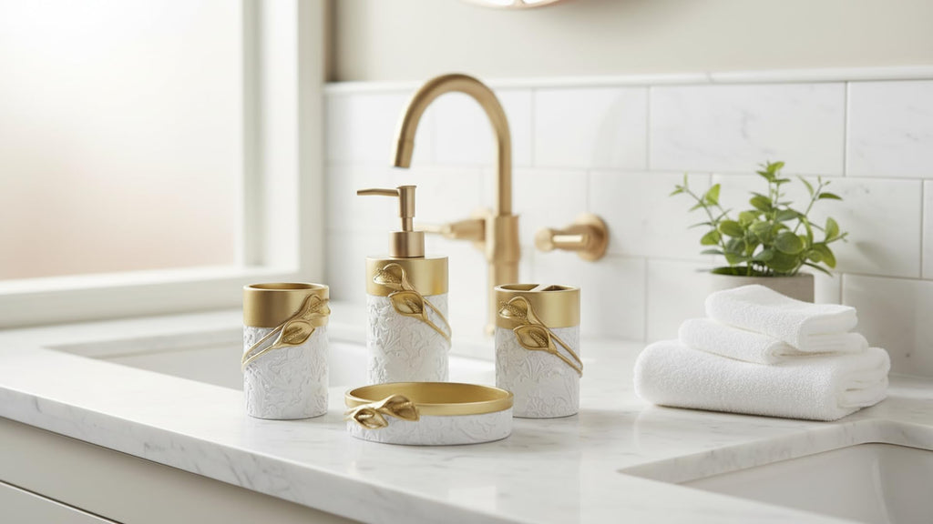 Hymmah Bathroom Accessories Set,Golden Design Toothbrush Holder,Farmhouse Bathroom Decor,4 Pcs Resin Gift Set Apartment Necessities, Contain Toothbrush Cup,Soap Dispenser,Soap Dish,Tumbler