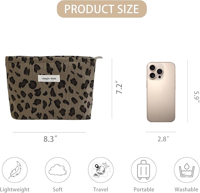 Wudygirl Makeup Bag Travel Cosmetic Bag for Women Small Makeup Pouch with Handle Zipper Cosmetic Pouch Handbag Aesthetic 8.3" x 5.9"(Coffee Leopard)