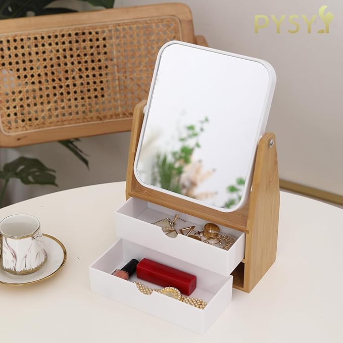 PYSYY 1x / 5X Magnifying Makeup Mirror, Jewelry and Cosmetics Storage Box with Double Drawers, Adjustable Natural Bamboo Stand, 360° rotatable Vertical Desktop Mirror (1, Rectangle)
