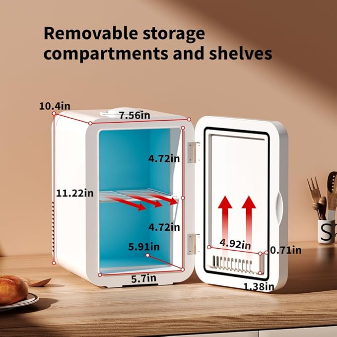 JrostKault Mini Fridge for Bedroom - 8 Liter/8 Can Portable Refrigerator for Car, Office, Dorm - Quiet Cooler & Warmer for Food, Drinks, Makeup & Skincare - AC/DC Power Supply