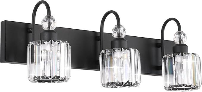 Ralbay Modern Crystal Vanity Light 3-Lights Modern Crystal Vanity Lights for Bathroom Matte Black Crystal Bath Wall Light Fixtures Modern Black Crystal Bathroom Light Fixtures