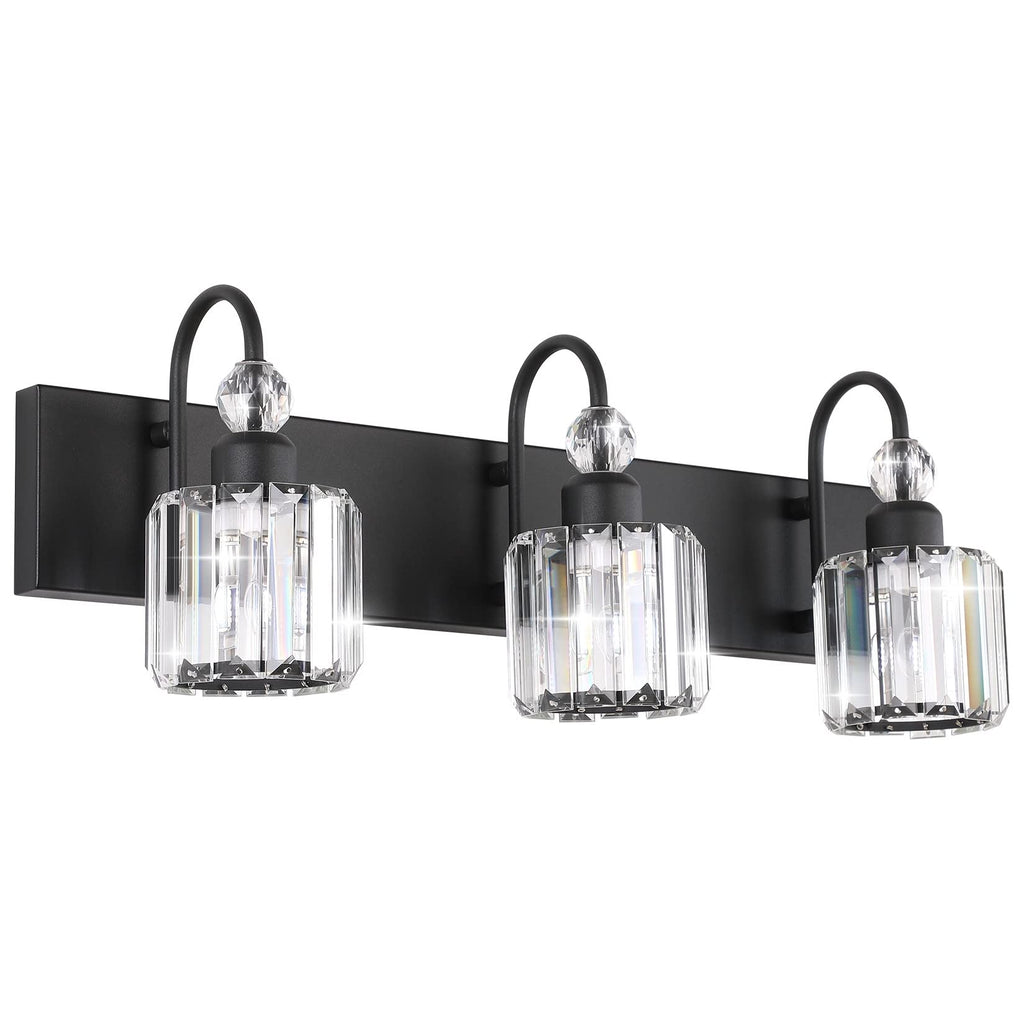 Ralbay Modern Crystal Vanity Light 3-Lights Modern Crystal Vanity Lights for Bathroom Matte Black Crystal Bath Wall Light Fixtures Modern Black Crystal Bathroom Light Fixtures
