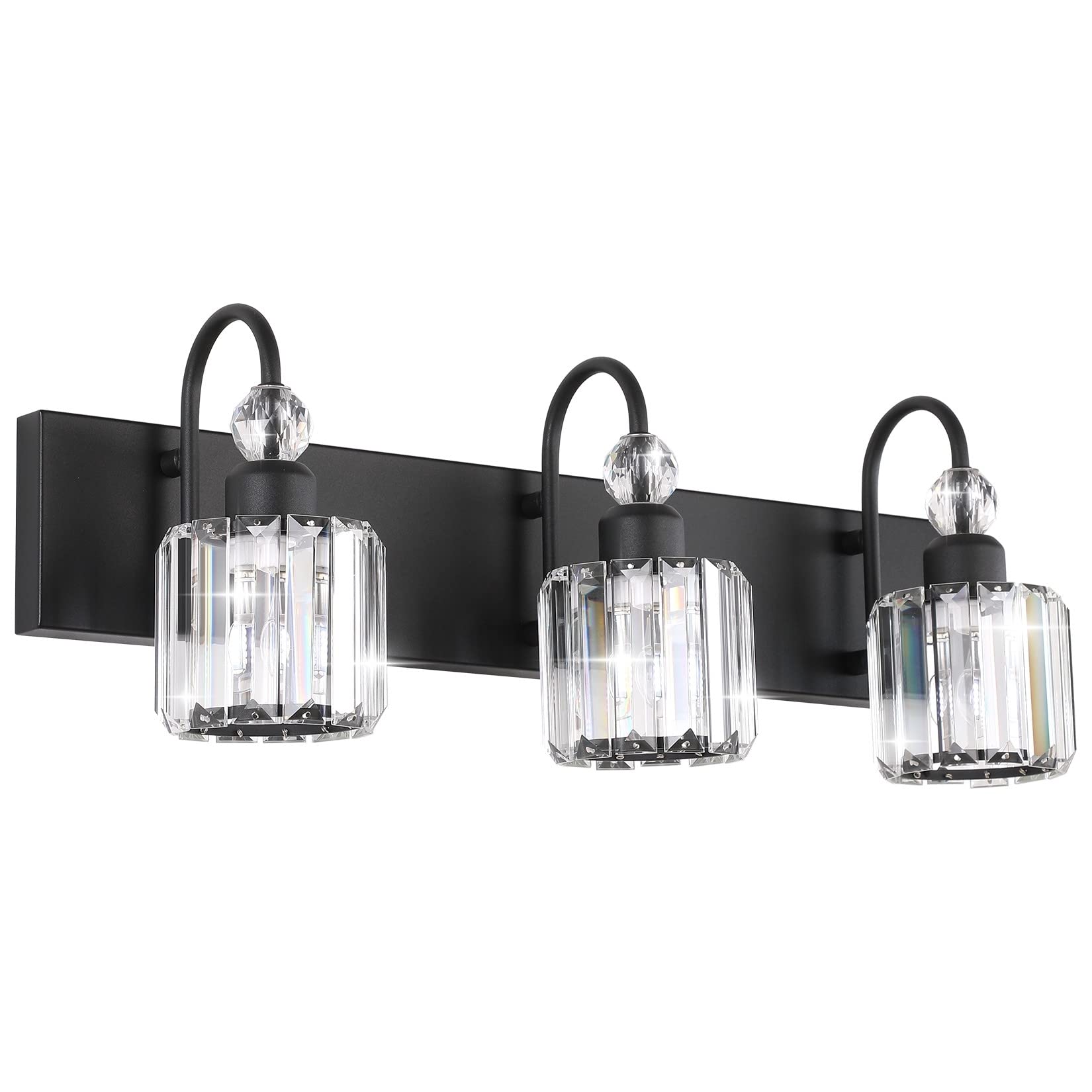 Ralbay Modern Crystal Vanity Light 3-Lights Modern Crystal Vanity Lights for Bathroom Matte Black Crystal Bath Wall Light Fixtures Modern Black Crystal Bathroom Light Fixtures