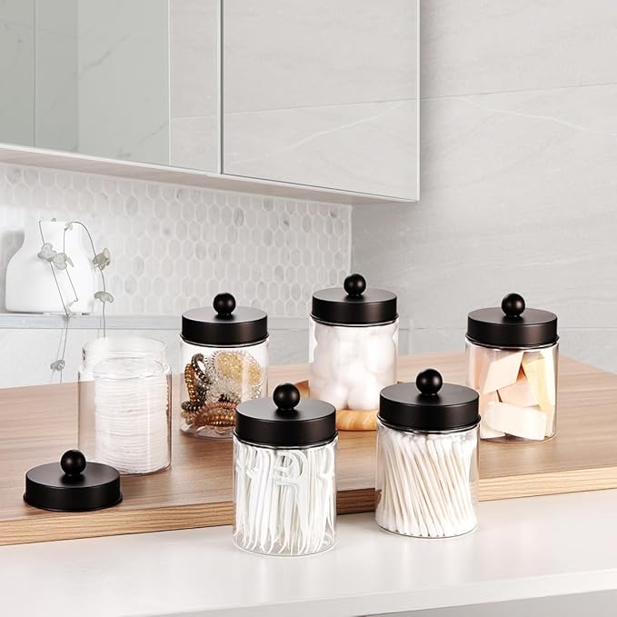 Amolliar Farmhouse Decor Qtip Holder Dispenser for Cotton Swabs,Balls, Cotton Pads, Floss - Clear Plastic Apothecary Jar for Bathroom Canister Storage, Vanity Countertop Makeup Organizer-Bronze (4)