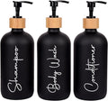 Glass Shampoo and Conditioner Pump Bottles Soap Dispenser Bamboo Pump Head Empty Glass Refillable Shampoo Conditioner Body Wash Soap Bottles for Bathroom, 17 oz, 3 Pack, Black