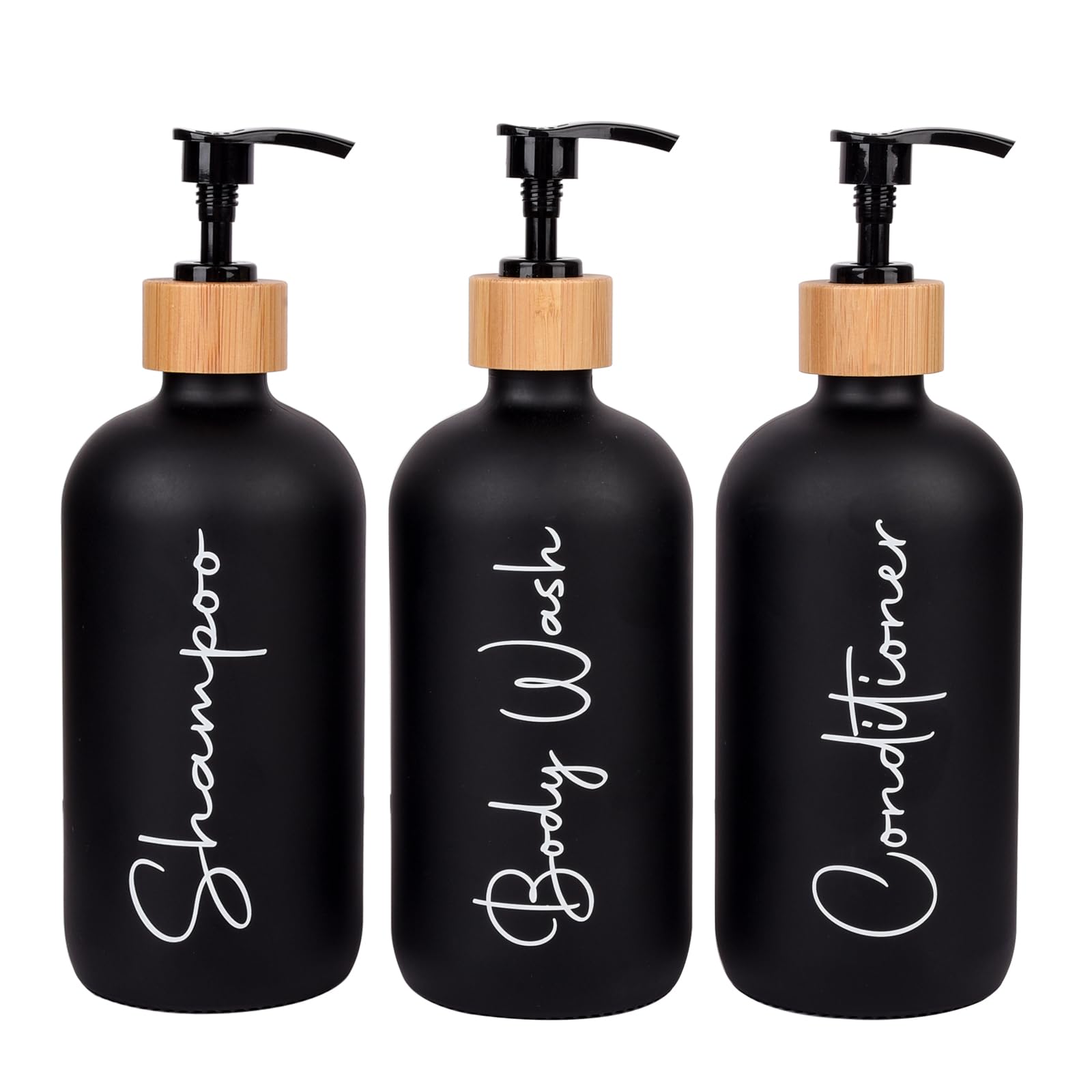 Glass Shampoo and Conditioner Pump Bottles Soap Dispenser Bamboo Pump Head Empty Glass Refillable Shampoo Conditioner Body Wash Soap Bottles for Bathroom, 17 oz, 3 Pack, Black