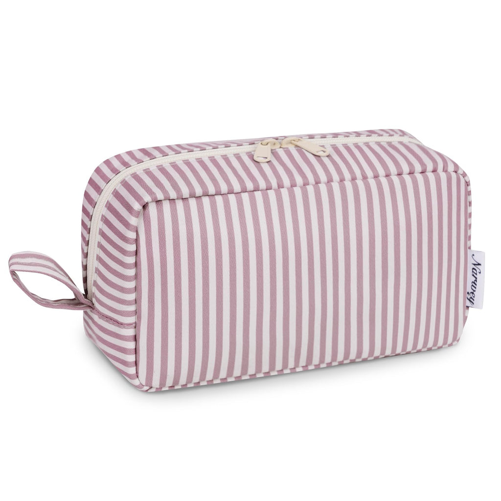 Narwey Cute Makeup Bag Small Toiletry Bag Travel Cosmetic Bag Organizer Make Up Bags with Organized Pockets for Women (Dusty Rose Stripe, Large)