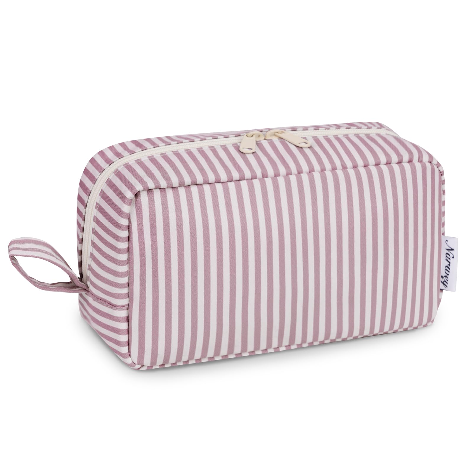 Narwey Cute Makeup Bag Small Toiletry Bag Travel Cosmetic Bag Organizer Make Up Bags with Organized Pockets for Women (Dusty Rose Stripe, Large)