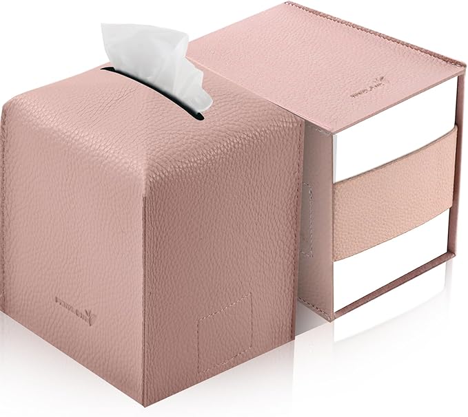 PENGLONG Tissue Box Cover 5X5X5'' PU Leather Tissue Holder Square Tissue Cube Box Organizer for Bathroom Vanity Countertop, Car, Night Stands, Office, Home, Kitchen (2Pack, Pretty Pink)