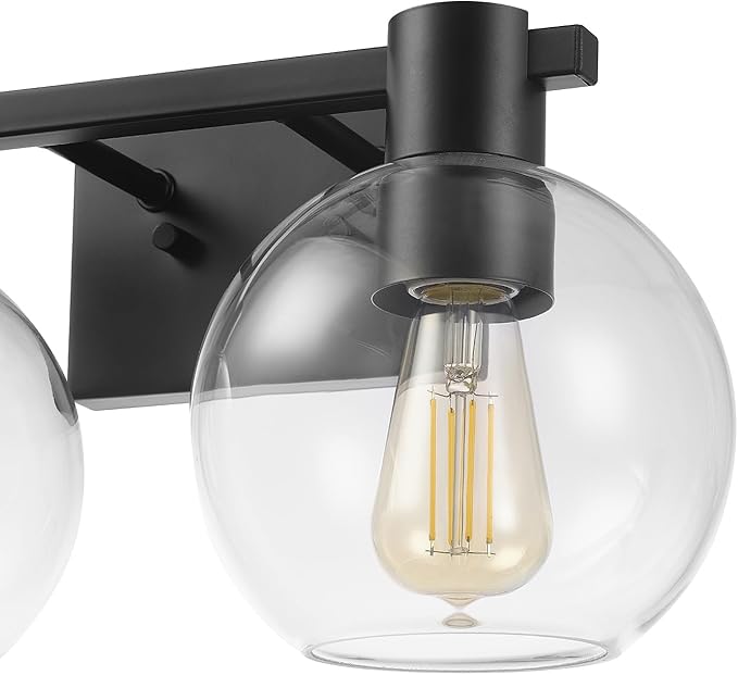 GLOBE Electric 63000057 3-Piece All-in-One Bathroom Set, Matte Black, 15" 2-Light Vanity Light, Clear Glass Shades, Toilet Paper Holder, Towel Ring, Bathroom Lights Over Mirror, Powder Room Lighting